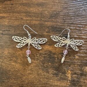 Whimsical Silver and Pink Dragonfly Earrings